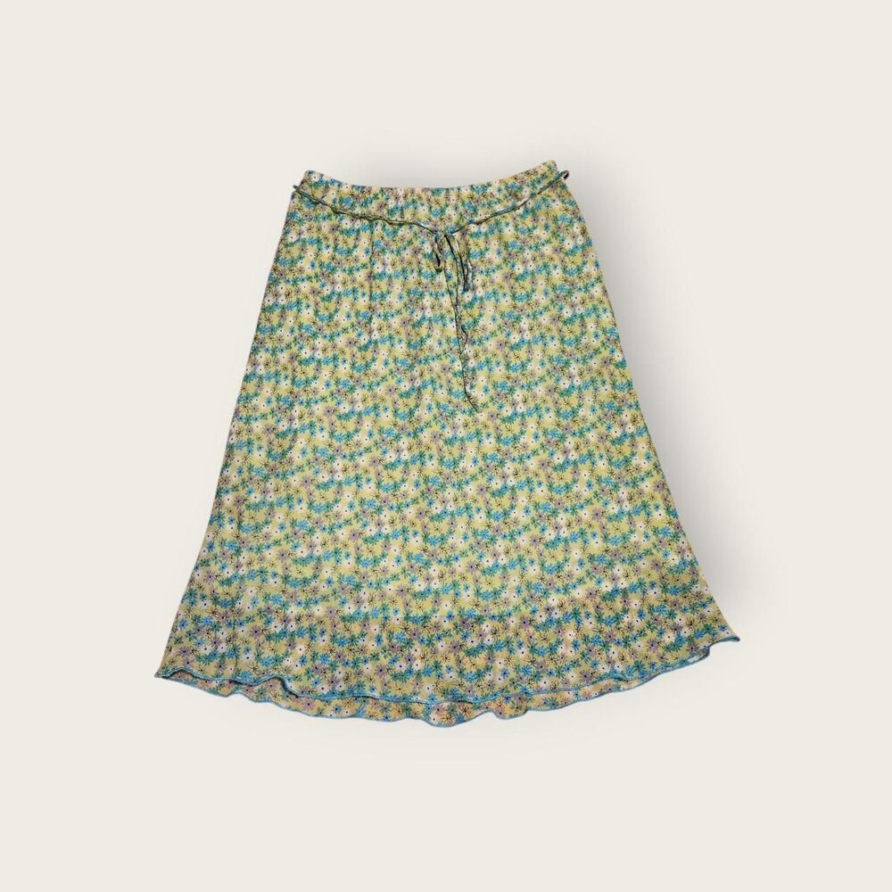 Vintage Y2k early 2000s Clio green floral elastic waist midi slip skirt